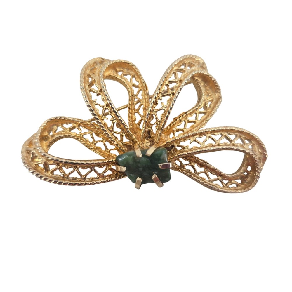 Unbranded Brooch Womens OS Filigree Bow Gold Green Jadeite Butterfly EUC